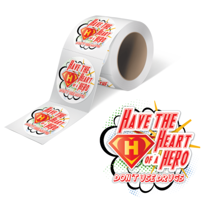 Have the Heart of a Hero superhero drug free stickers on perforated roll for Red Ribbon Week schools and drug prevention events