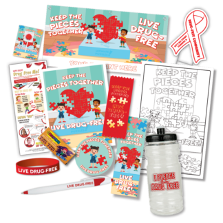 Red Ribbon Week Package includes activity sheets, ribbons, promotional products and a full-size banner for kids