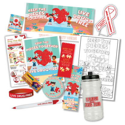 Red Ribbon Week Package includes activity sheets, ribbons, promotional products and a full-size banner for kids