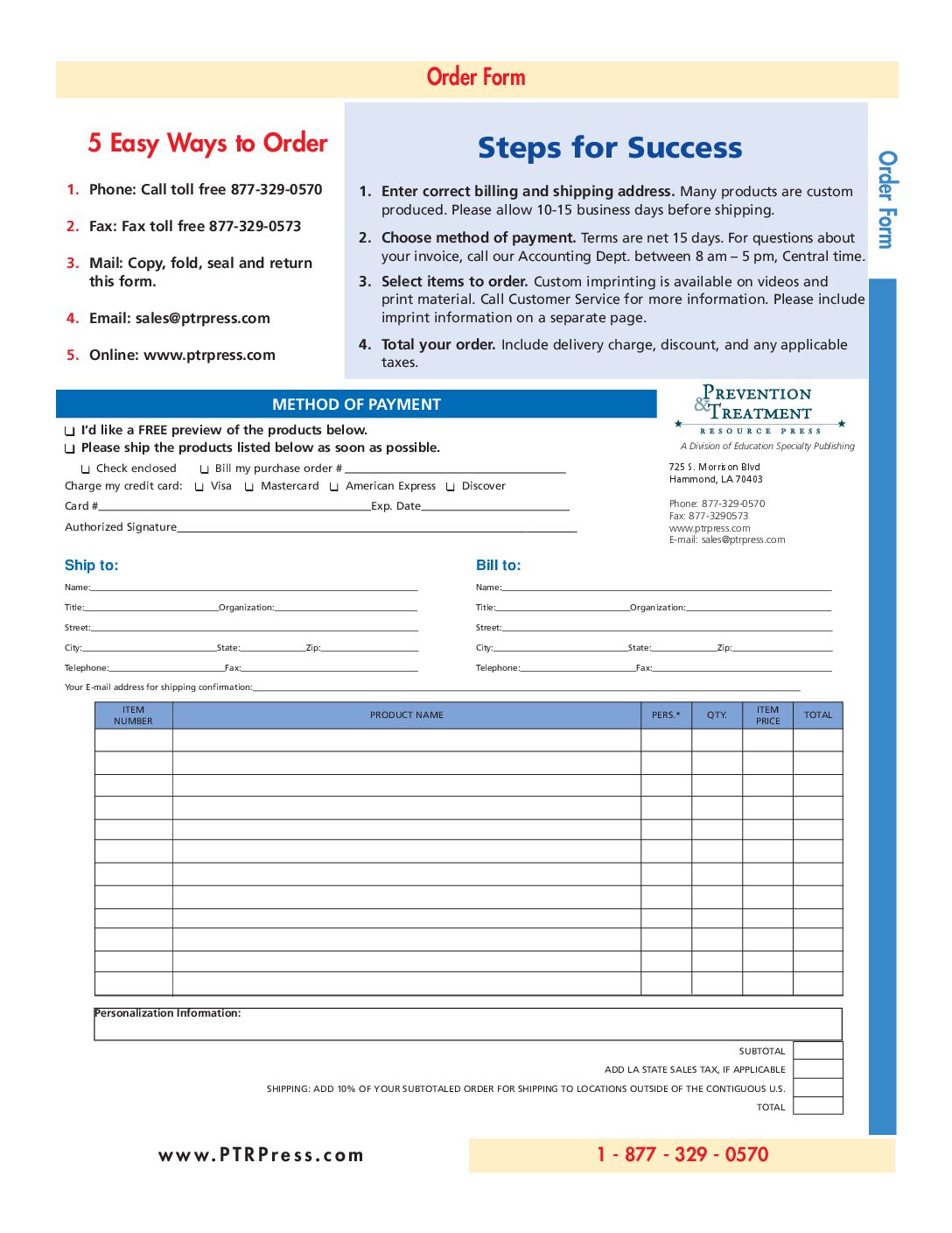 PTR Press order form for bulk orders and purchase orders