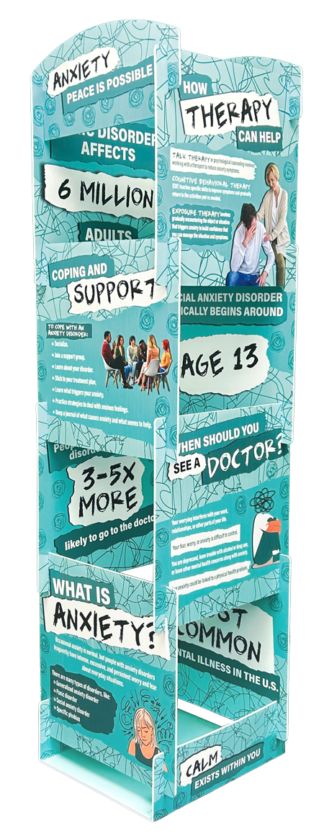 Anxiety Awareness Tabletop Info Tower covers symptoms, support, and coping.
