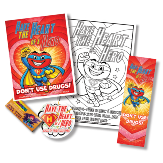 Have the Heart of a Hero red ribbon week kit for kids with superhero drug prevention activity sheet poster sticker bookmark and crayons