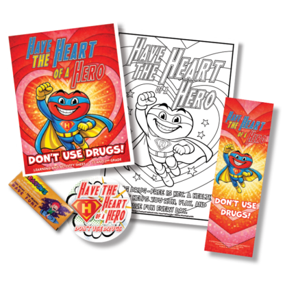 Have the Heart of a Hero red ribbon week kit for kids with superhero drug prevention activity sheet poster sticker bookmark and crayons
