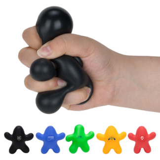Custom gel man stress reliever in five colors with personalized logo imprint for branded promotional giveaways