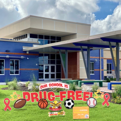 Drug Free MVP Athlete Lawn Display with sports themed yard signs for schools Red Ribbon Week celebrations
