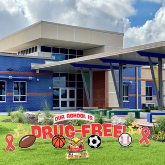 Drug Free MVP yard signs lawn display with basketball and baseball themed pieces and red ribbon stakes for Red Ribbon Week