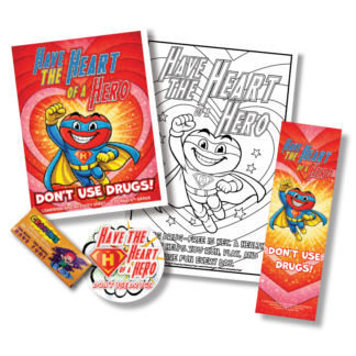 Have the Heart of a Hero drug prevention kit for kids with superhero themed activity sheet poster sticker bookmark and crayons for intermediate students