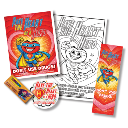 Have the Heart of a Hero drug prevention kit for kids with superhero themed activity sheet poster sticker bookmark and crayons for intermediate students