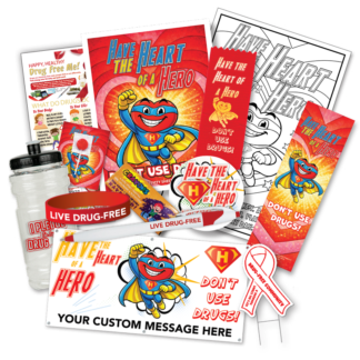 Have the Heart of a Hero Red Ribbon Week event kit RedRibbonPak with KidPaks ribbons lollipop cards wristbands pens sports bottles yard signs and banner