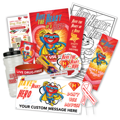 Have the Heart of a Hero Red Ribbon Week event kit RedRibbonPak with KidPaks ribbons lollipop cards wristbands pens sports bottles yard signs and banner